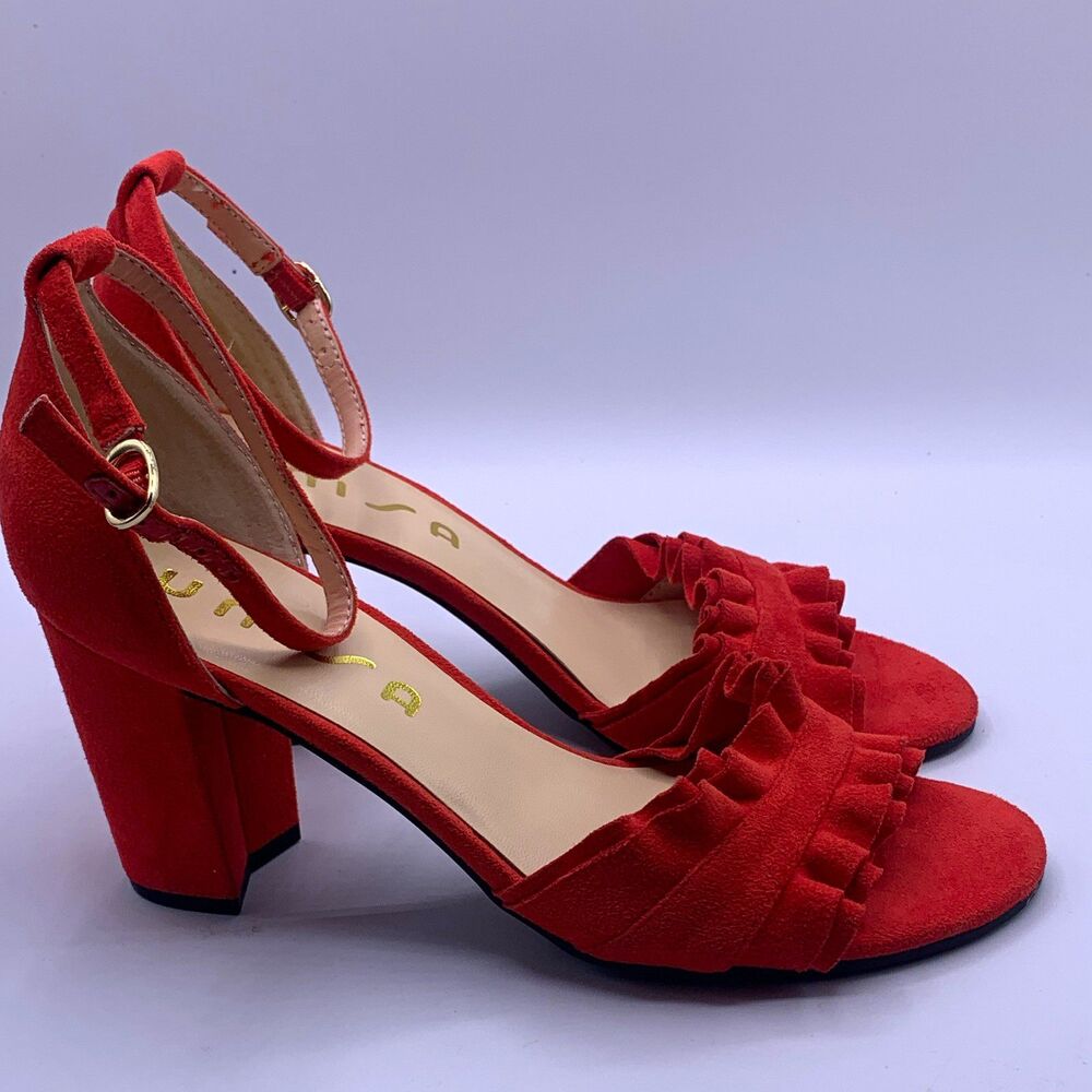 Unisa Women's Red Strappy Ankle Strap Buckle Ruffle Open Toe Block Heel 7